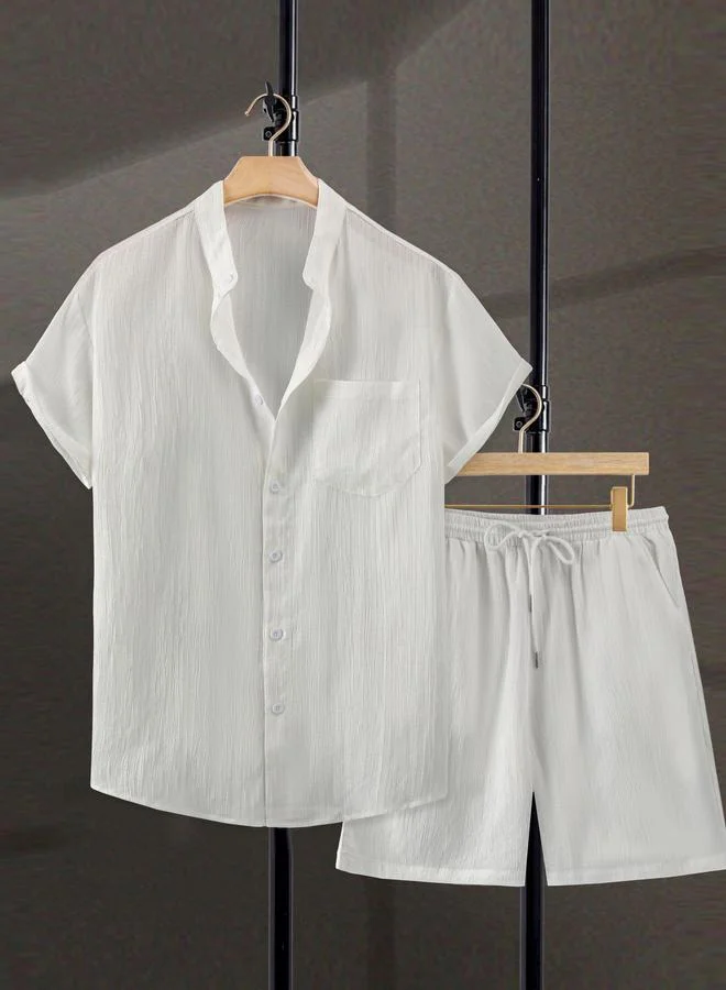 تايك تو طقم قميص كتان وبنطلون قصير بقماش بارز